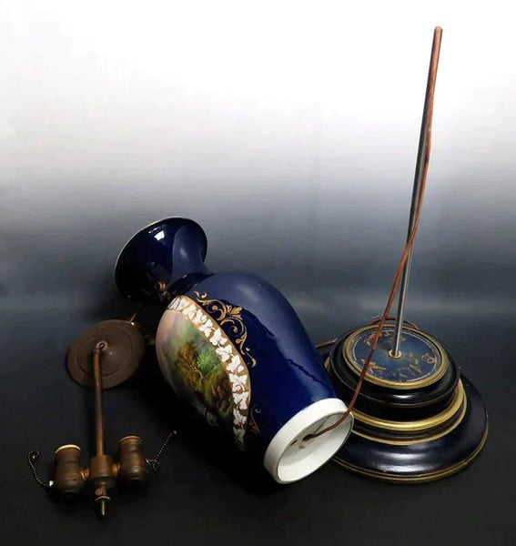 Pair Antique c1850 Paris Porcelain Painted Vases Custom Bases Converted Lamps