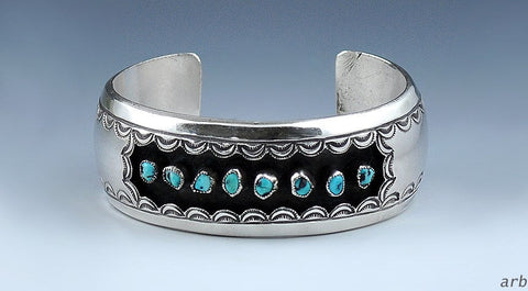 Handsome American Southwestern Silver Cuff Bracelet Bezel Set Turquoise Stones