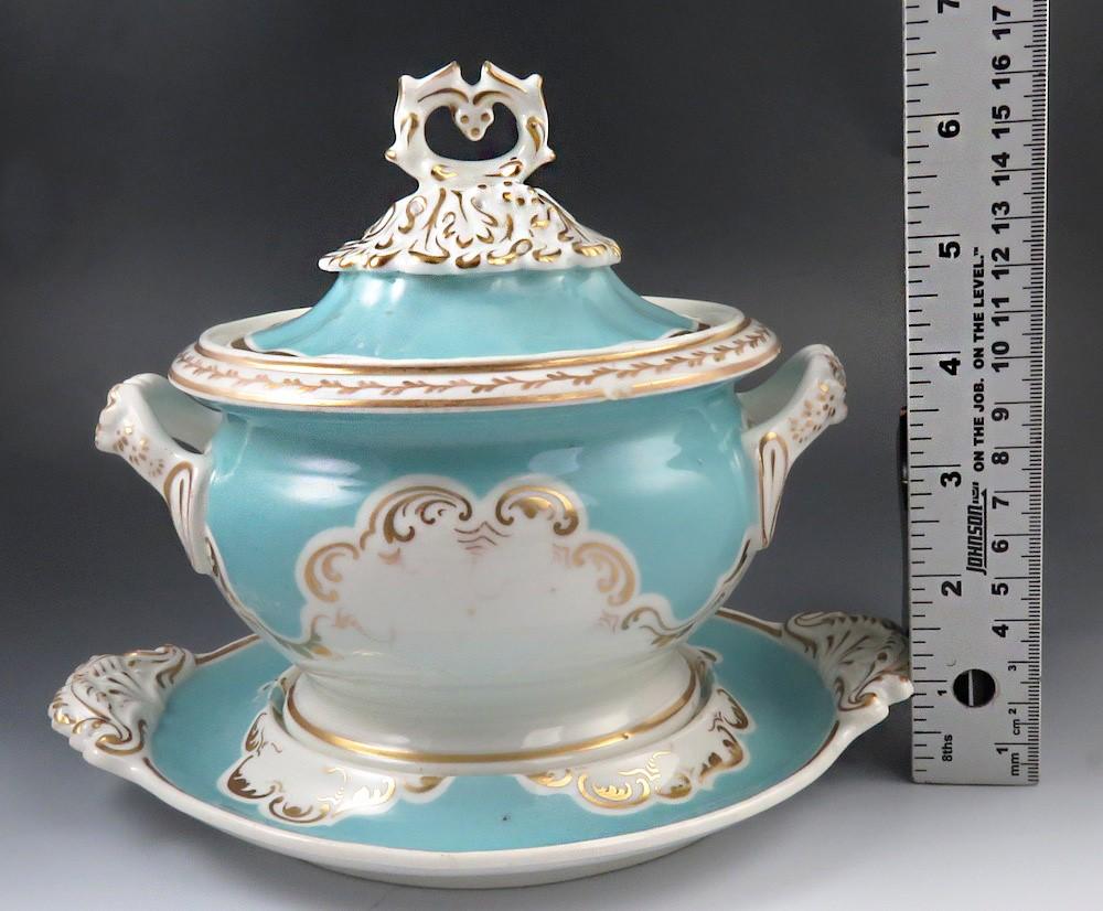 Antique 1830s Chamberlains English Worcester Porcelain Gilt Sauce Tureen