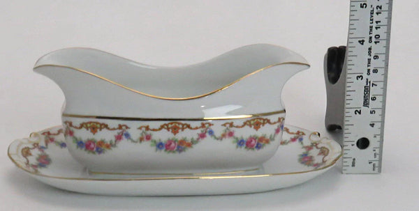 Czech Epiag Floral Double Spout Gravy Boat w Underplate & Oval Serving Dish 9561
