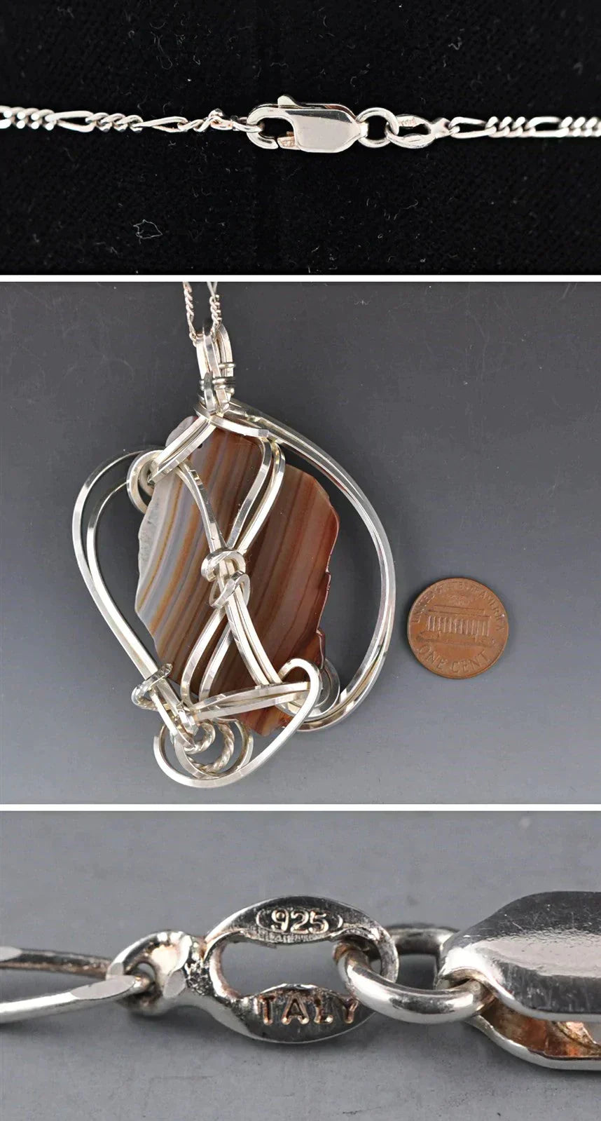 Sterling Silver and Genuine Agate Stone Necklace/Chain and Pendant Handmade