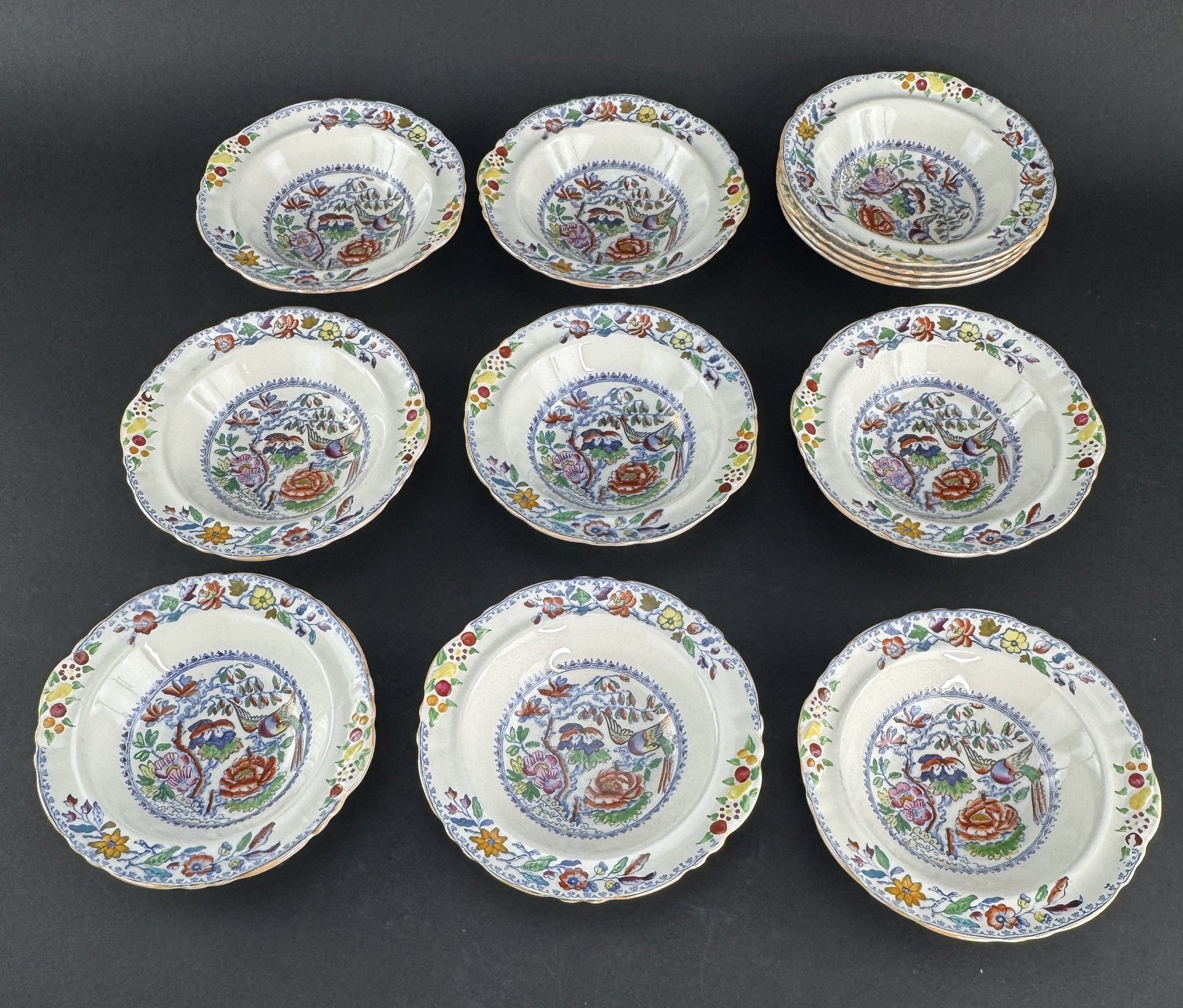 Great Set 12 c1920s Mason's Ironstone China Flying Bird 6.5" Dessert Fruit Bowls