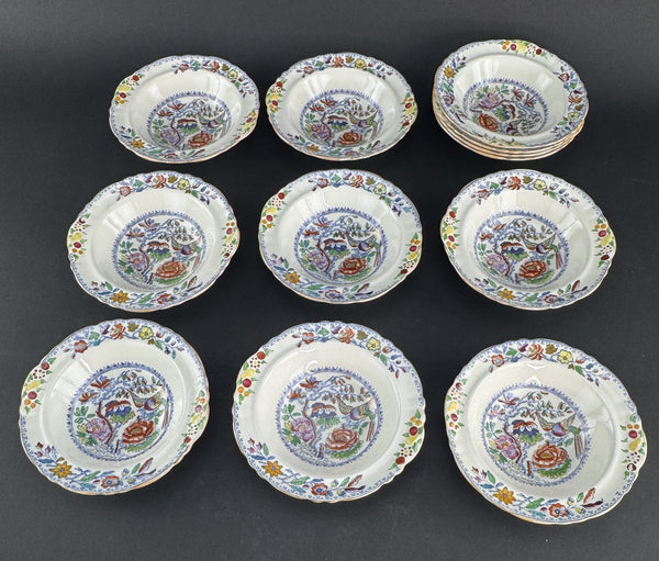 Great Set 12 c1920s Mason's Ironstone China Flying Bird 6.5" Dessert Fruit Bowls