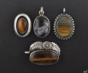 4 Sterling Silver and Genuine Stone Pendants w/ Tigers Eye and Agate