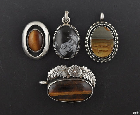 4 Sterling Silver and Genuine Stone Pendants w/ Tigers Eye and Agate