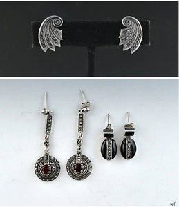 Lot of 3 Sterling Silver Garnet Onyx Earrings Pierced Marcasite