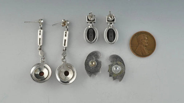 Lot of 3 Sterling Silver Garnet Onyx Earrings Pierced Marcasite