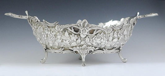 Antique Sterling Silver Repousse Flower 2 Handle Serving Bowl Dish 7 X 9 1/4"