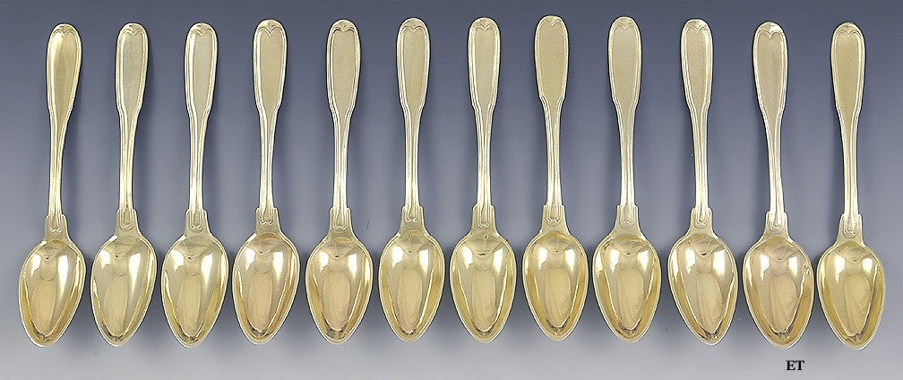 12 Antique 1850s German Gilt 812 Silver Fiddle Thread Tea Coffee Spoons