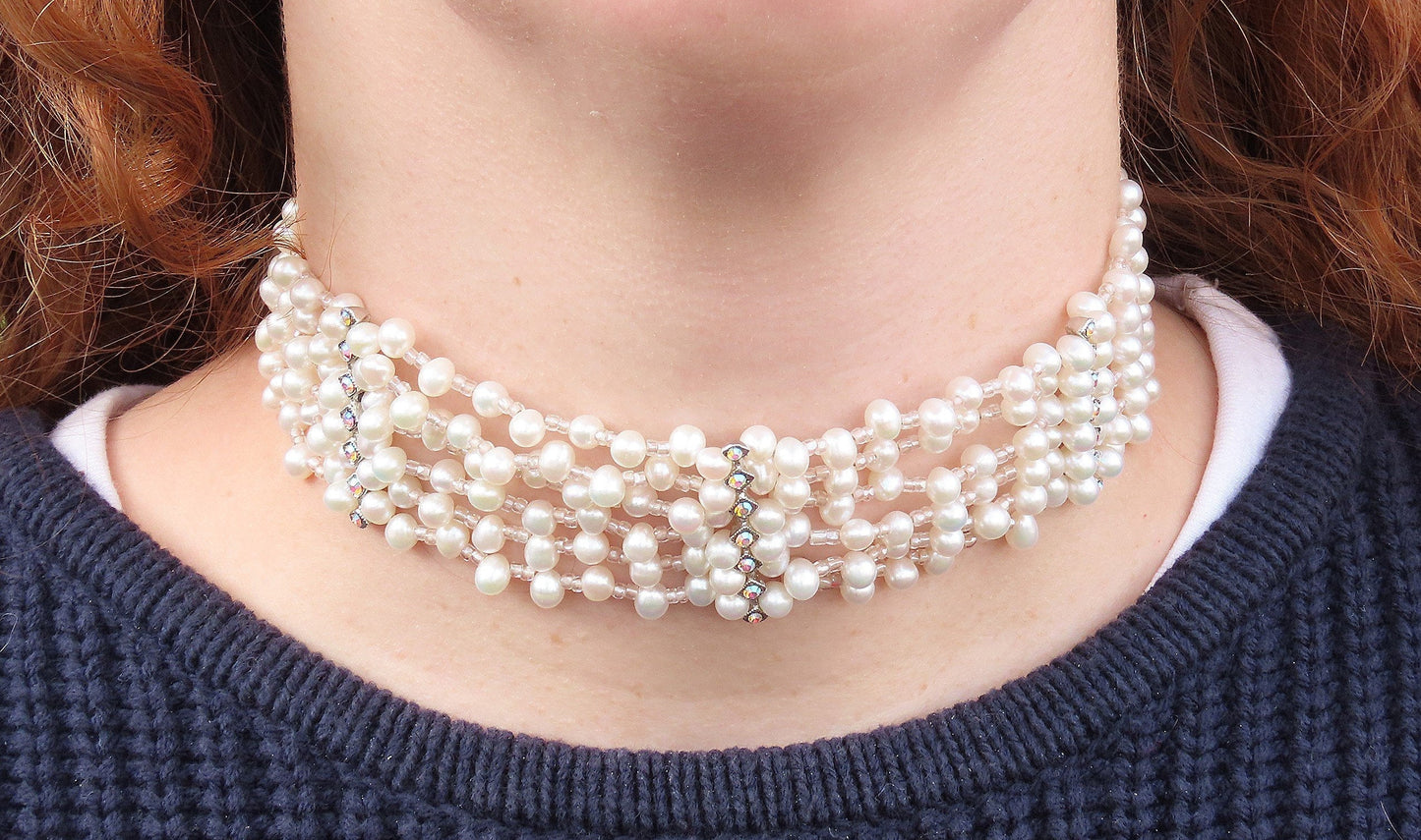 Nice 6 Strand Pearl Necklace Choker Adjustable Length 12-15 Inches