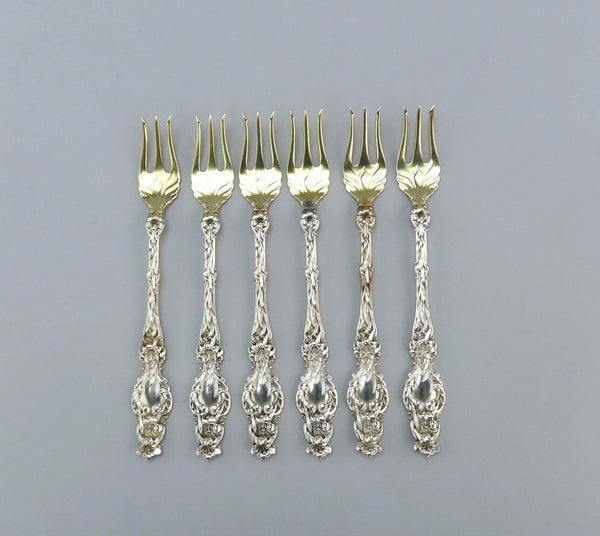 6 Pristine c1902 Whiting Sterling Silver Lily Oyster Cocktail Seafood Forks