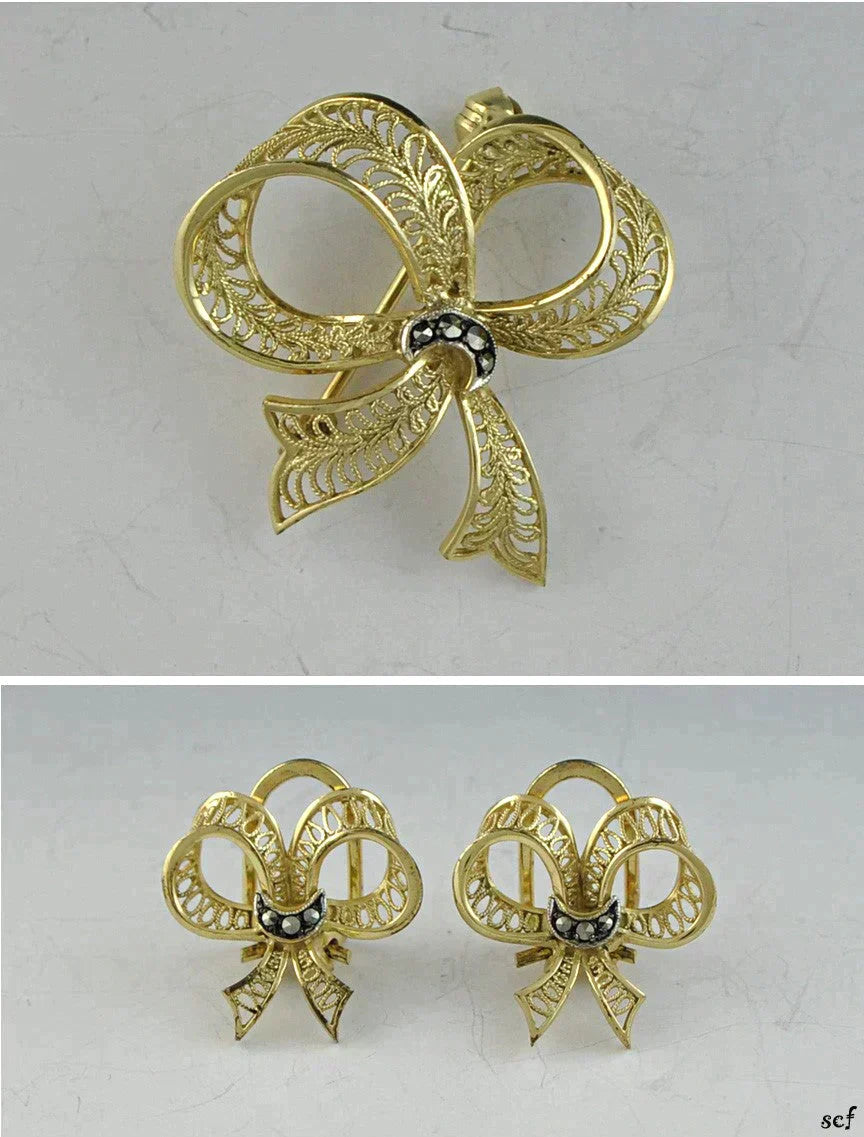 Gilt Sterling Silver Brooch Earring 2 pc Set Bow Marcasite Clip on