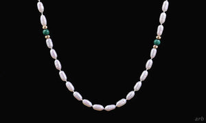 Nice Long Necklace of 14k Yellow Gold, Natural Freshwater Pearls, and Malachite