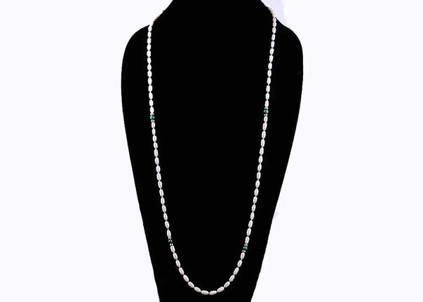 Nice Long Necklace of 14k Yellow Gold, Natural Freshwater Pearls, and Malachite