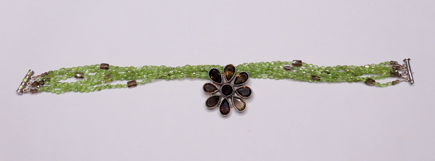 Stylish Sterling Silver Six Strand Peridot Smoky Quartz Flower Pendant Necklace