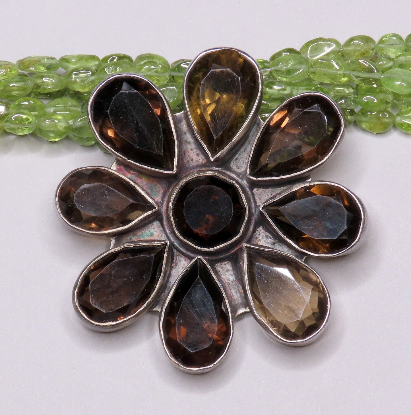 Stylish Sterling Silver Six Strand Peridot Smoky Quartz Flower Pendant Necklace