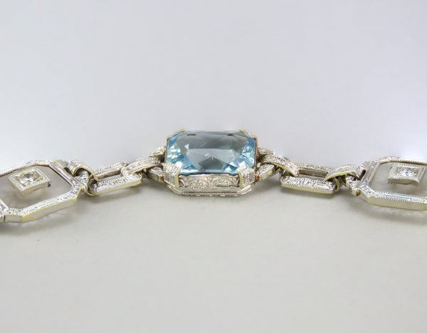 Dazzling 14k Yellow Gold Platinum Aquamarine Diamond Art Deco Bracelet