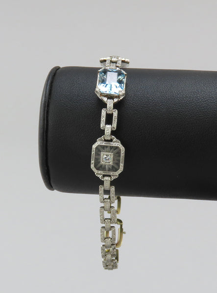 Dazzling 14k Yellow Gold Platinum Aquamarine Diamond Art Deco Bracelet