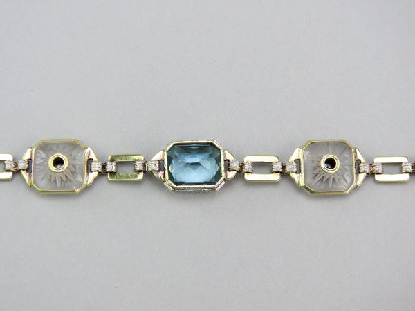 Dazzling 14k Yellow Gold Platinum Aquamarine Diamond Art Deco Bracelet