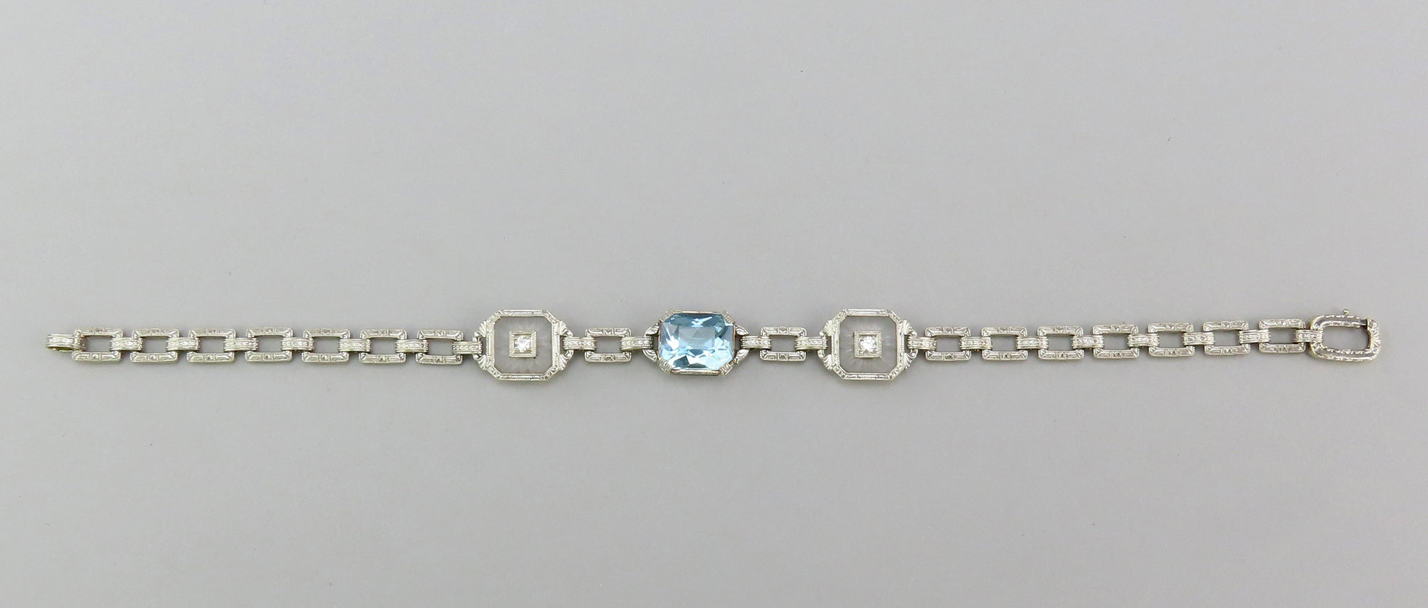 Dazzling 14k Yellow Gold Platinum Aquamarine Diamond Art Deco Bracelet