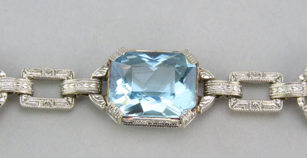 Dazzling 14k Yellow Gold Platinum Aquamarine Diamond Art Deco Bracelet