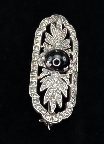 Classy VTG c1920s Art Deco Sterling Silver Marcasite Black Onyx Bar Pin Brooch