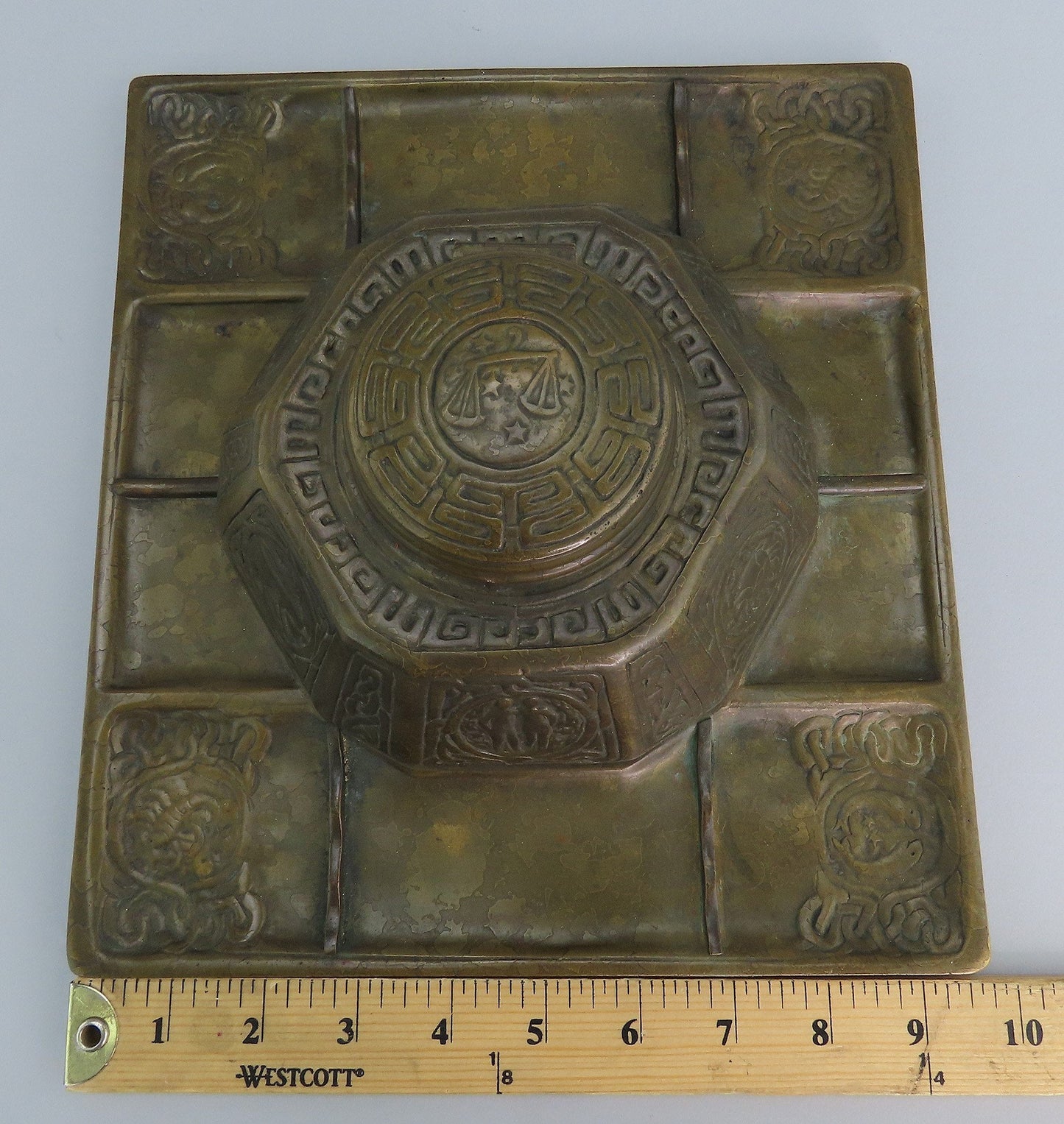 Fabulous Tiffany Studios Largest Zodiac 1073 Inkwell Desk Tray 10 3/4" x 9 3/4"