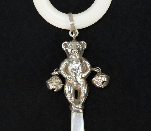 Charming 1985 English Sterling Silver MOP Teddy Bear Baby Rattle Teething Ring