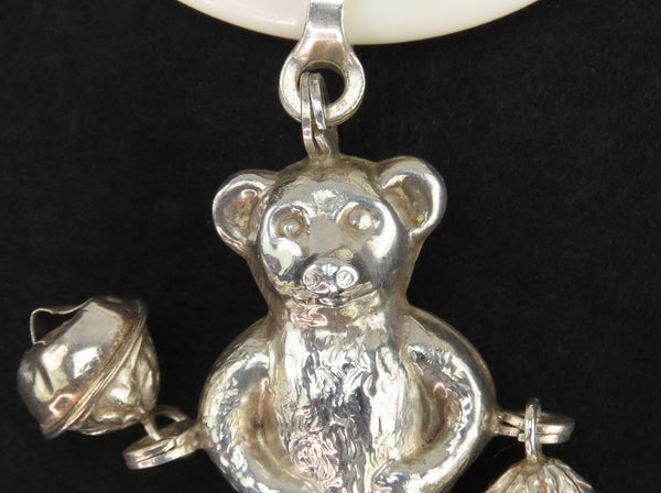 Charming 1985 English Sterling Silver MOP Teddy Bear Baby Rattle Teething Ring