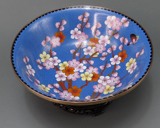 Beautiful Chinese Cloisonne 10" Bowl Prunus Cherry Plum Flowers Butterfly