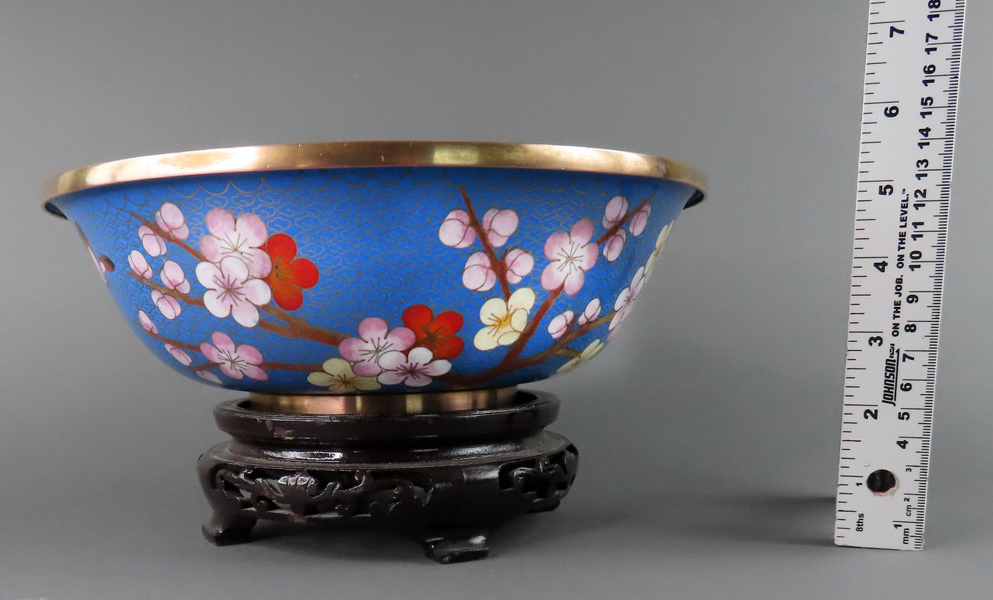 Beautiful Chinese Cloisonne 10" Bowl Prunus Cherry Plum Flowers Butterfly