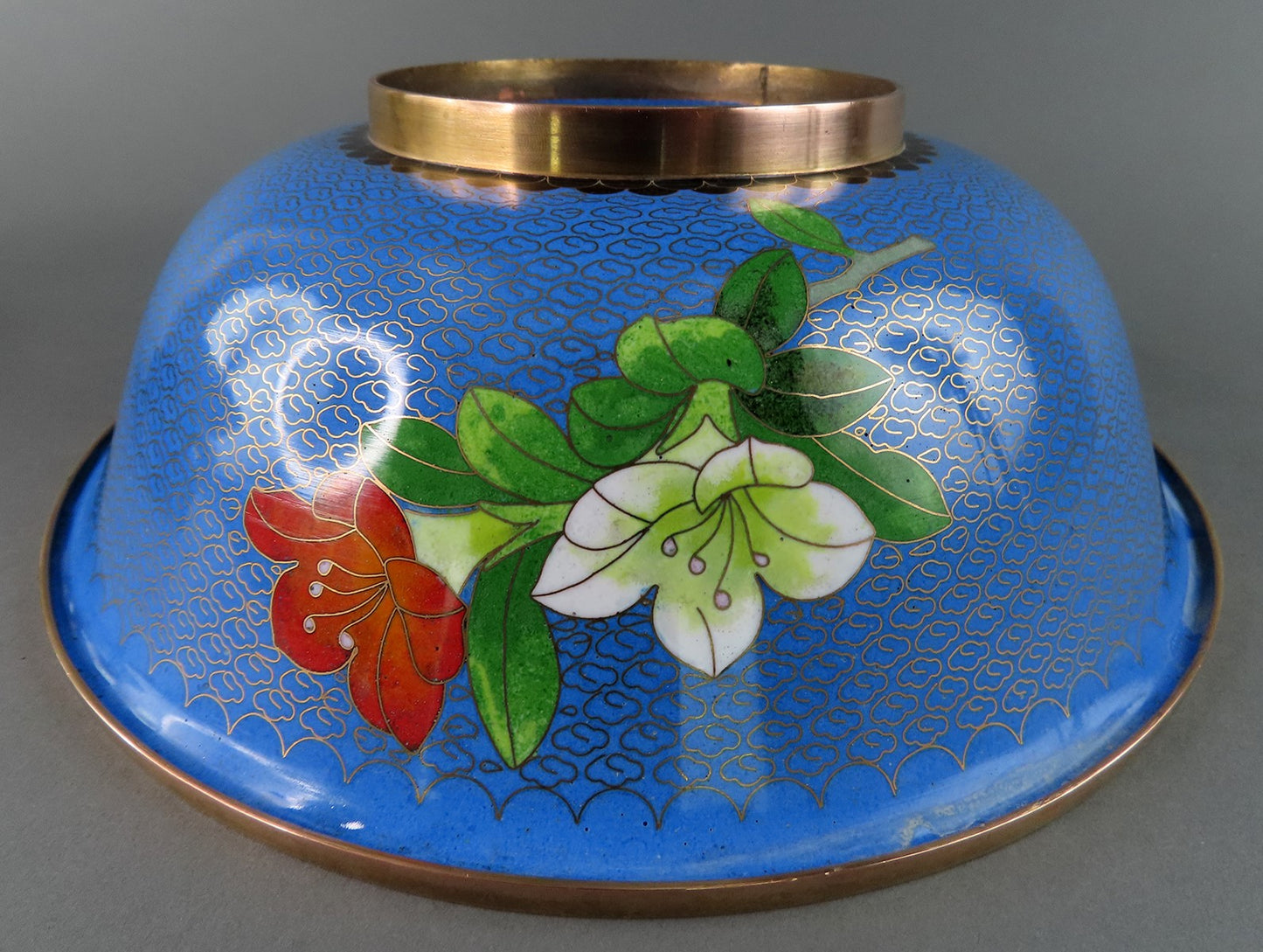 Beautiful Chinese Cloisonne 10" Bowl Prunus Cherry Plum Flowers Butterfly