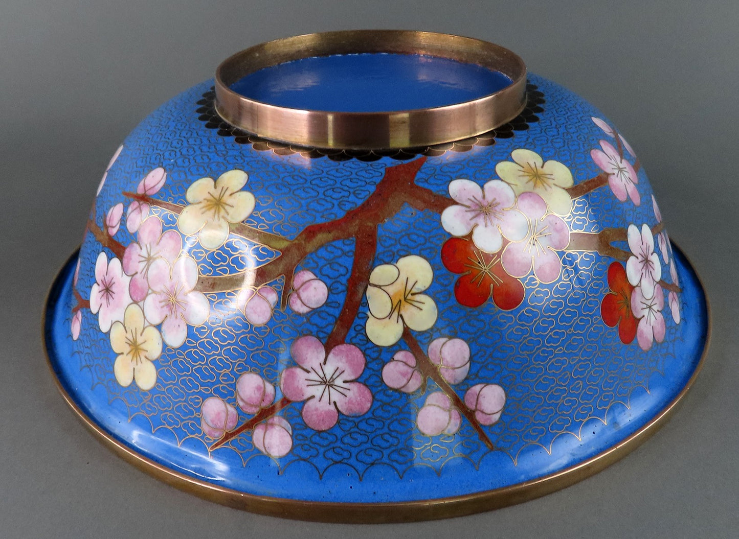 Beautiful Chinese Cloisonne 10" Bowl Prunus Cherry Plum Flowers Butterfly