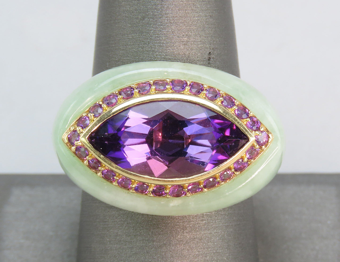 Fabulous Modern 14K Gold Chinese Jade Amethyst Ring Size 9