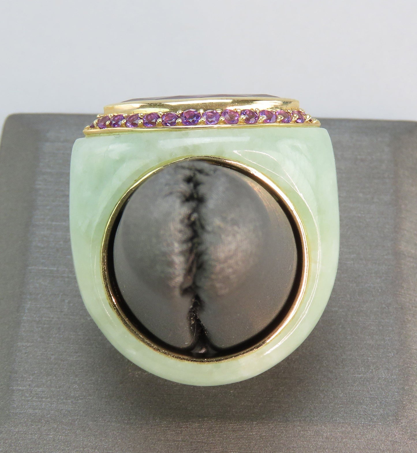 Fabulous Modern 14K Gold Chinese Jade Amethyst Ring Size 9