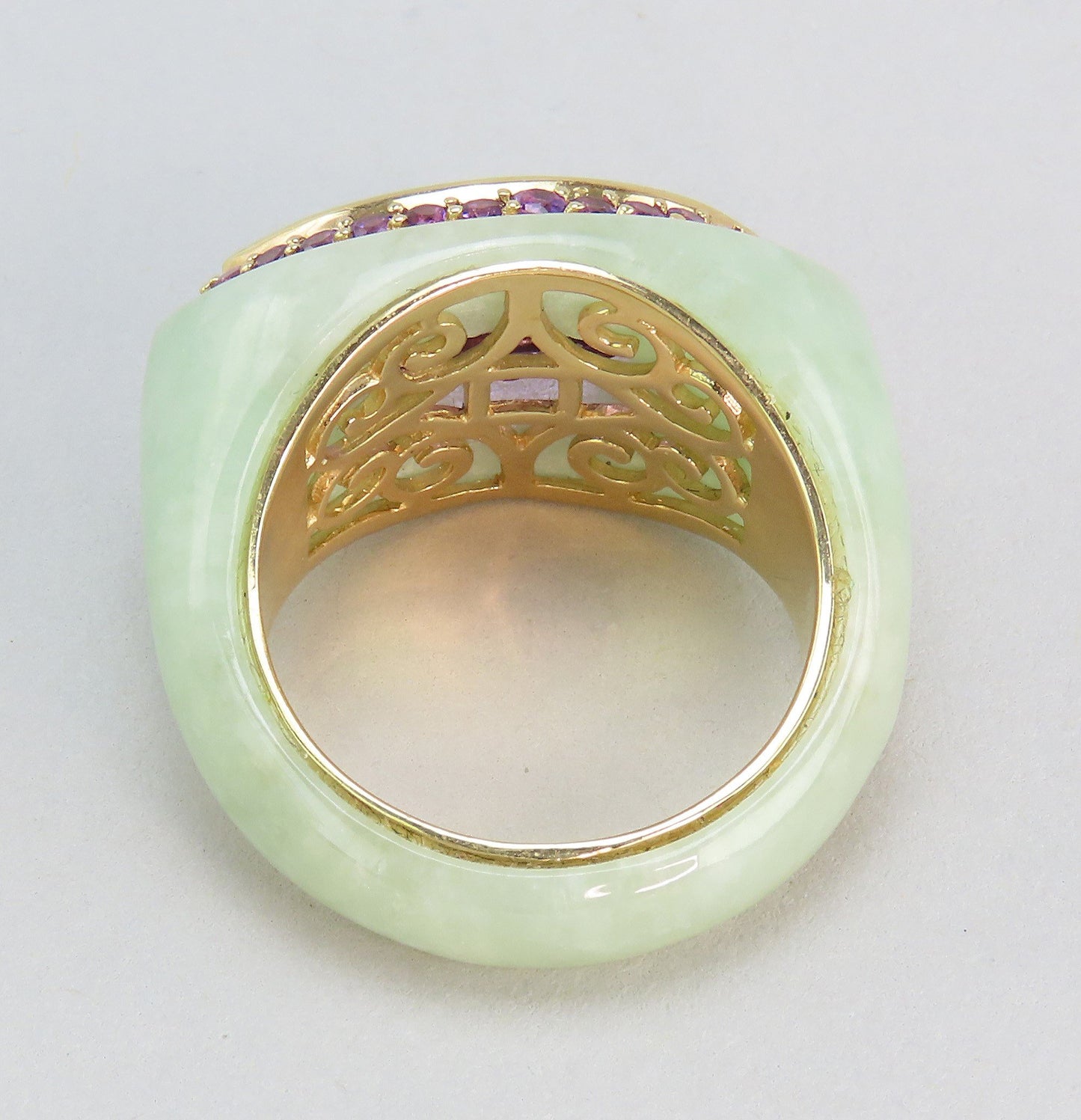 Fabulous Modern 14K Gold Chinese Jade Amethyst Ring Size 9