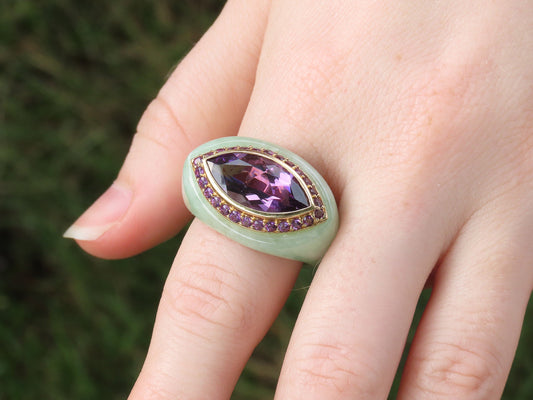 Fabulous Modern 14K Gold Chinese Jade Amethyst Ring Size 9