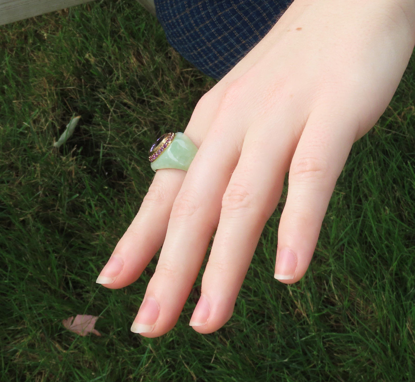 Fabulous Modern 14K Gold Chinese Jade Amethyst Ring Size 9