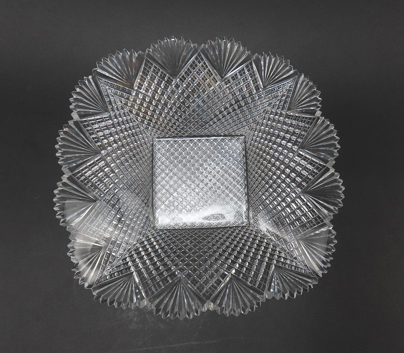 Dazzling American Brilliant Period Cut Glass Square Fan Diamond Bowl Dish