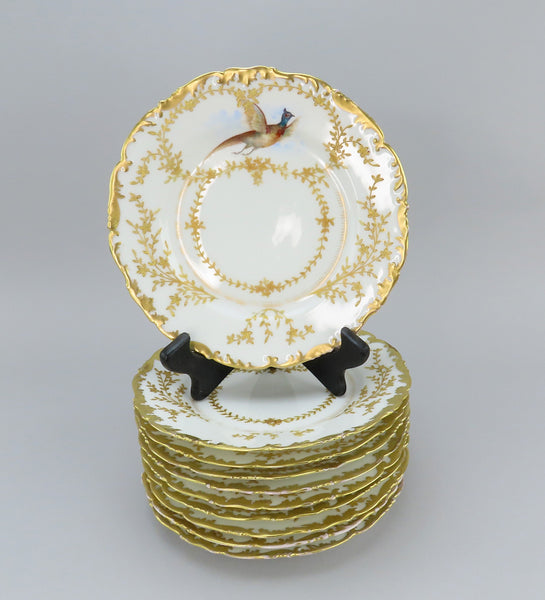 Beautiful Set 10 c1890s French Limoges Tres Vogt Birds Pheasants Gilt 9" Plates