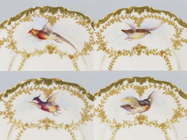 Beautiful Set 10 c1890s French Limoges Tres Vogt Birds Pheasants Gilt 9" Plates