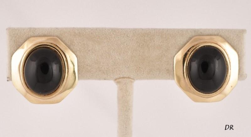 14k Yellow Gold and Natural Black Onyx Stud Earrings For Pierced Ears