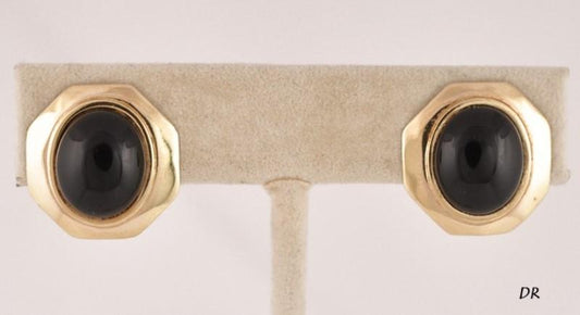 14k Yellow Gold and Natural Black Onyx Stud Earrings For Pierced Ears