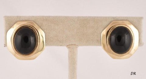 14k Yellow Gold and Natural Black Onyx Stud Earrings For Pierced Ears