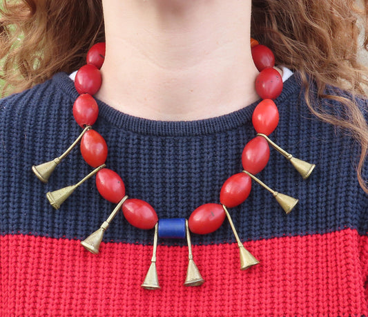 1960s/70s Red Glass Horn Shaped Beaded Necklace Possibly African 20 Inches
