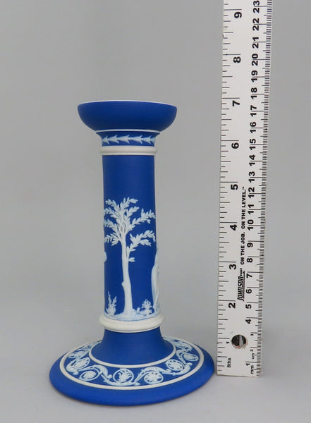 Wedgwood Jasperware Blue Pair Candlesticks Classical Greek Figures 7 1/4"