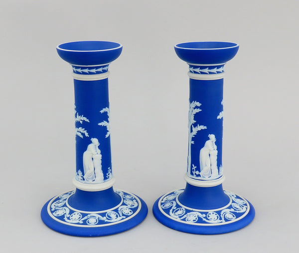 Wedgwood Jasperware Blue Pair Candlesticks Classical Greek Figures 7 1/4"