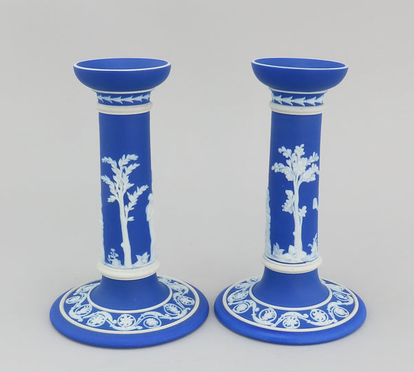 Wedgwood Jasperware Blue Pair Candlesticks Classical Greek Figures 7 1/4"