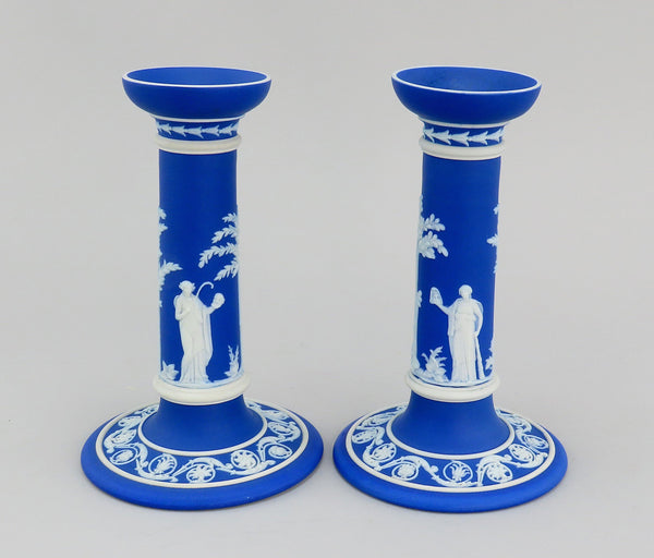 Wedgwood Jasperware Blue Pair Candlesticks Classical Greek Figures 7 1/4"