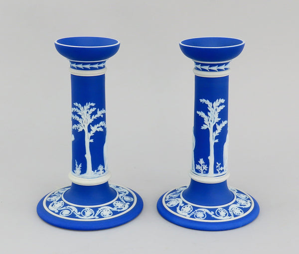 Wedgwood Jasperware Blue Pair Candlesticks Classical Greek Figures 7 1/4"